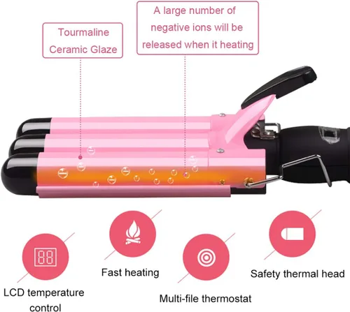 Vista 4 de Plancha rizadora de 3 barriles de cerámica con pantalla LCD y herramienta de doble voltaje para mujeres, ondas de playa con temperatura ajustable