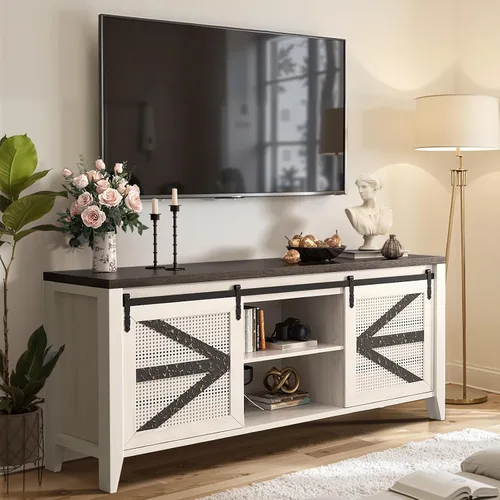 Vista 8 de VFK Soporte de TV de esquina de estilo granja para TV de 50 pulgadas, centro de entretenimiento rústico con almacenamiento, mesa de consola