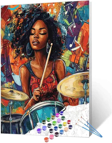 Vista 16 de Pintura de niña afro a la moda, kits de pintura por números, 16 x 20 pulgadas, lienzo de hojas tropicales, pintura al óleo para niños y adultos