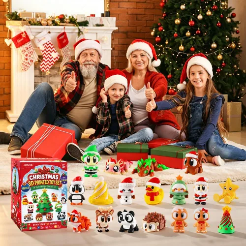 Vista 6 de JOICEE 18 piezas de animales impresos en 3D de Navidad con árbol de Navidad Rojo