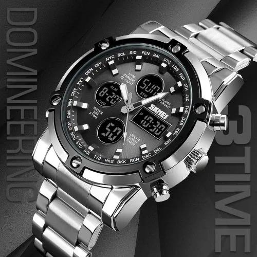 Vista 2 de SKMEI Mens Wrist Watch, Waterproof Military Analog Digital Watches with LED Multi Time Chronograph, Stainless Steel Business Watches for Men