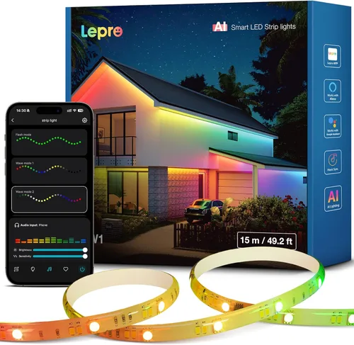 Vista 11 de Lepro SW1 AI - Tira de luces LED inteligentes para exteriores, tiras de luz RGBCW impermeables IP65 de 32.8 pies, 2700K-5700K blanco cálido