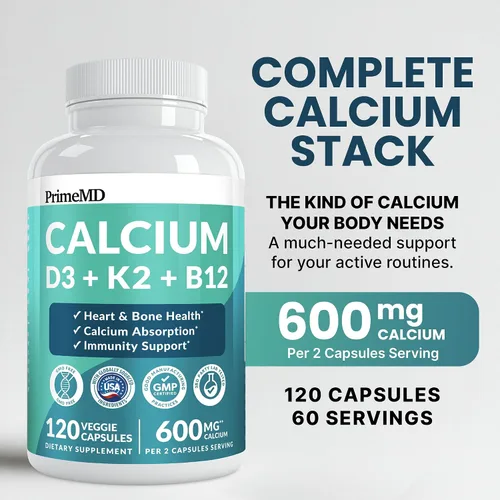 Vista 2 de Suplementos de calcio 4 en 1 para mujeres y hombres - Suplemento de calcio con vitamina D3 K2 5000 UI, 601 mg por porción - Sin gluten, apto