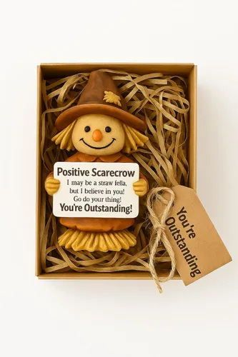 Vista 4 de iStatue - Estatua positiva de espantapájaros de otoño – 12 cm de alto, hecha a mano, de resina, decoración de Acción de Gracias con letrero
