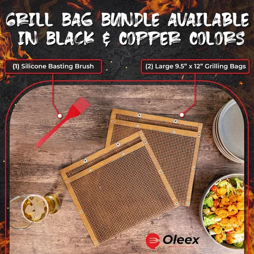 Vista 2 de Oleex - Bolsas antiadherentes grandes para parrilla, color cobre + cepillo para untar, malla de PTFE reutilizable para interiores y exteriores