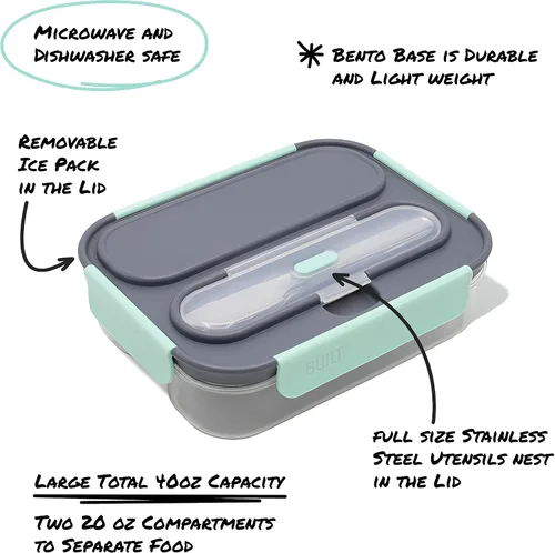 Vista 5 de BUILT Caja Bento de 2 compartimentos con bolsa de hielo y utensilios de acero inoxidable, contenedor de comida de viaje reutilizable con tapa
