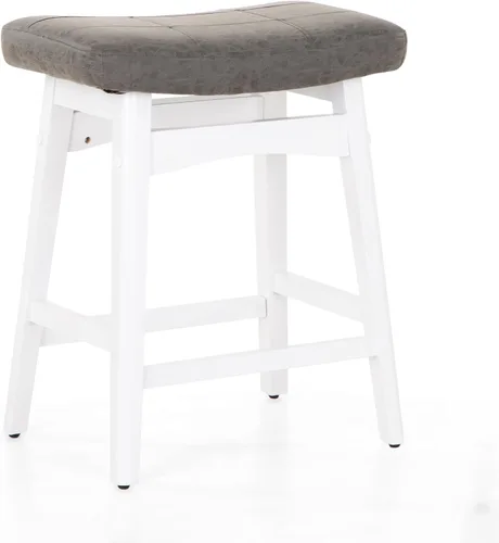 Vista 33 de MAISON ARTS Juego de 4 taburetes de bar grises para encimera de cocina, patas de madera maciza con asiento de silla de montar de piel sintética