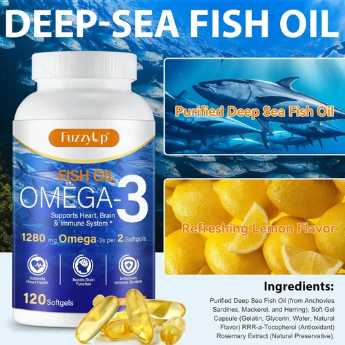 Vista 6 de Aceite de pescado Omega 3, suplemento Omega 3 de aceite de pescado para mujeres y hombres, 1280 mg por porción de alto EPA y DHA que apoya la salud