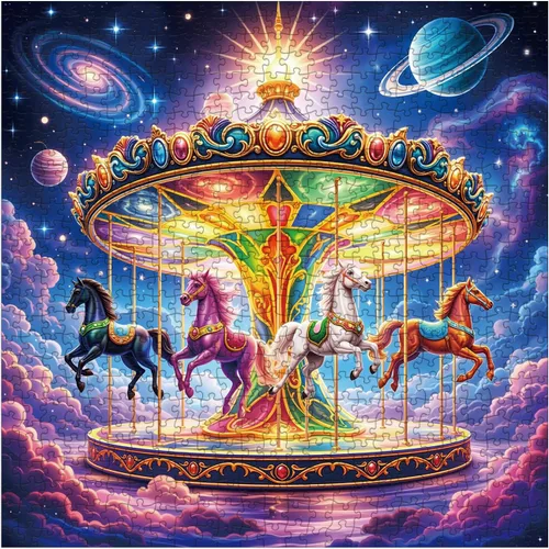 Vista 2 de Rompecabezas de parque de atracciones de carrusel colorido para adultos, 1000 piezas, rompecabezas de caballo de galaxia de fantasía, rompecabezas