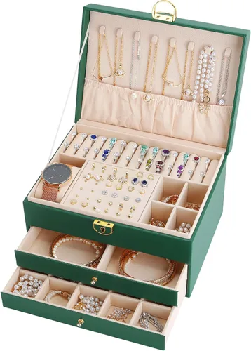 Vista 2 de LETURE Joyero de alta calidad con cajones, organizador de joyas grande con cerradura de 3 capas para mujeres y niñas, estuche de almacenamiento