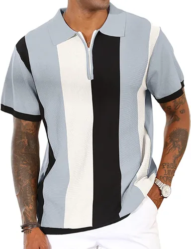 Vista 13 de Camisas polo de moda para hombre, camisas de punto vintage a rayas, camisas de golf casuales ajustadas