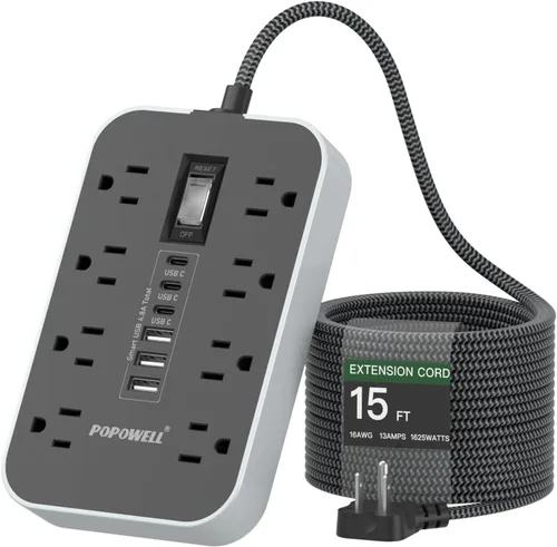 Vista 10 de Regleta de alimentación para electrodomésticos: cable de extensión resistente de calibre 14, 24 pulgadas, 8 tomas de CA y 6 puertos USB, estación