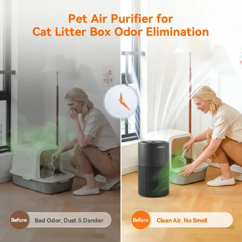 Vista 6 de AIRROMI Purificador de aire para mascotas para alergias en el hogar, hasta 660 pies ². Filtro de carbón activado desodorizante HEPA, con esponja