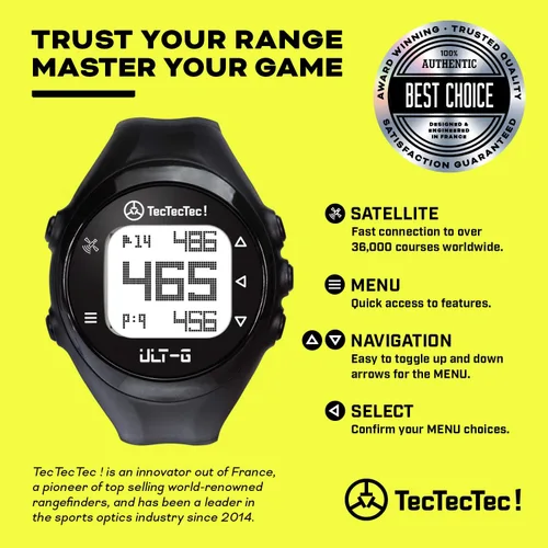 Vista 2 de TecTecTec ULT-G - Reloj de golf GPS elegante, ligero y multifuncional, con correa de muñeca duradera y pantalla LCD, campos precargados en todo