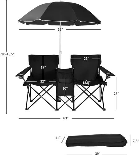 Vista 3 de Goplus Sillas de camping dobles con paraguas, enfriador para patio de playa Negro