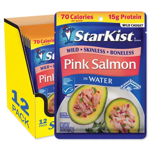 Vista 10 de StarKist Salmón rosado sin piel y sin hueso en agua, bolsa de 2.6 onzas 0.53 oz de proteína por porción, capturado en la naturaleza, sin gluten