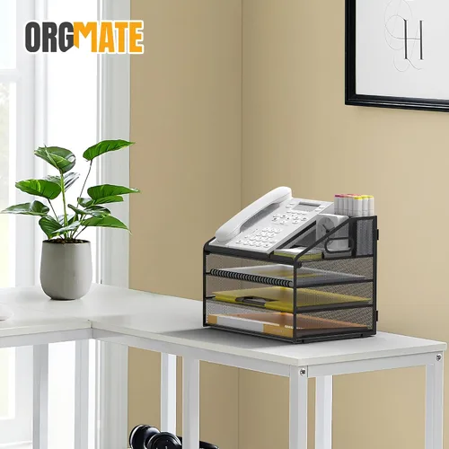 Vista 6 de Bandeja de papel para cartas, organizador de escritorio de 4 niveles con soporte para bolígrafo y asa, organizador de archivos de malla