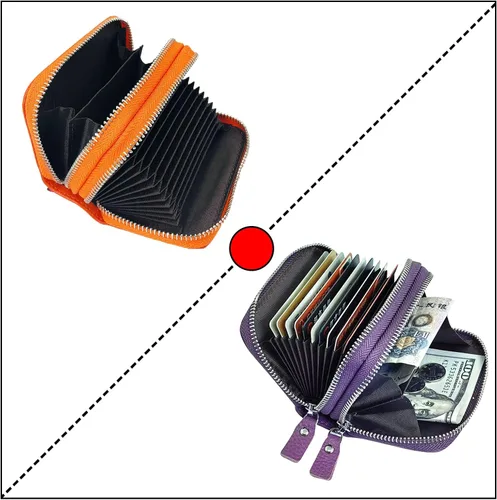 Vista 15 de Cartera de cuero para mujer, con doble tarjeta, tarjetero con cremallera, múltiples compartimentos, bloqueo RFID C-W-1, Rosado, Talla única
