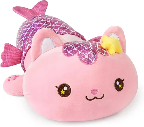 Vista 8 de Onsoyours Lindo gatito sirena de peluche de gatito, suave almohada de felpa de gato sirena para niños (sirena de gato azul, 12 pulgadas)