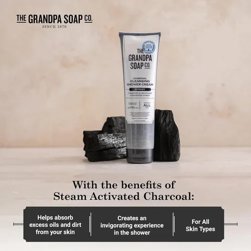 Vista 4 de The Grandpa Soap Company Crema de ducha limpiadora de carbón, aclara y restaura los poros congestionados, con carbón activado y aceite de semilla