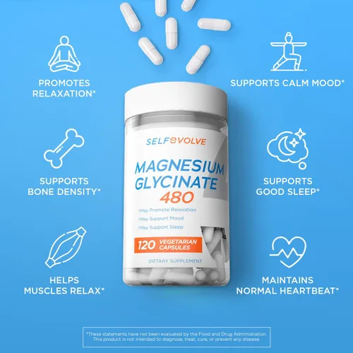 Vista 6 de Glicinato de magnesio de 480 mg - Suplemento de magnesio de alta absorción que ayuda al alivio del estrés, sueño, salud cardíaca, nervios, músculos