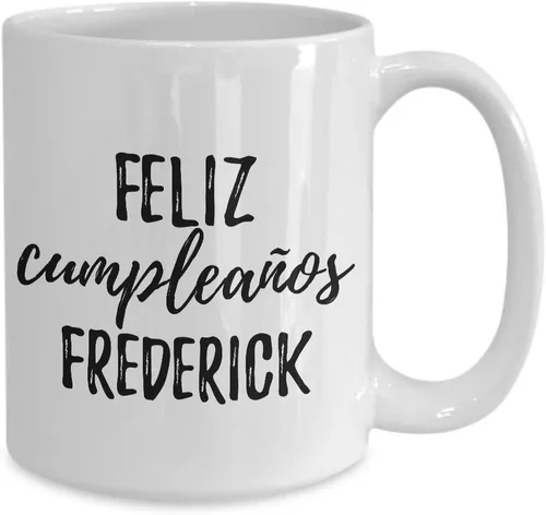 Vista 2 de Feliz Cumpleanos Frederick Mug Spanish Happy Birthday Personalized Name Gift Coffee Tea Cup Large 15 Oz