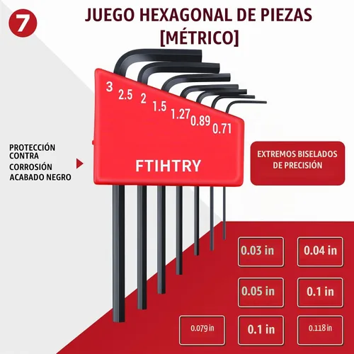 Vista 2 de FTIHTRY 7PCS Mini Hex-L Clave Allen Métrica, 0.7mm, 0.9mm, 1.27mm, 1.5mm, 2mm, 2.5mm, 3mm, Acero de Cromo Vanadio