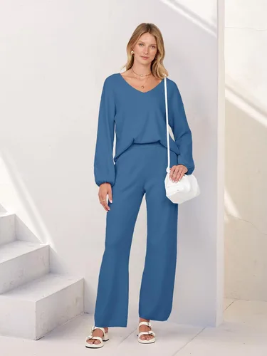 Vista 2 de MEROKEETY Conjunto de 2 piezas para mujer, de manga larga, cuello en V, suéter de punto y pantalón de pierna ancha
