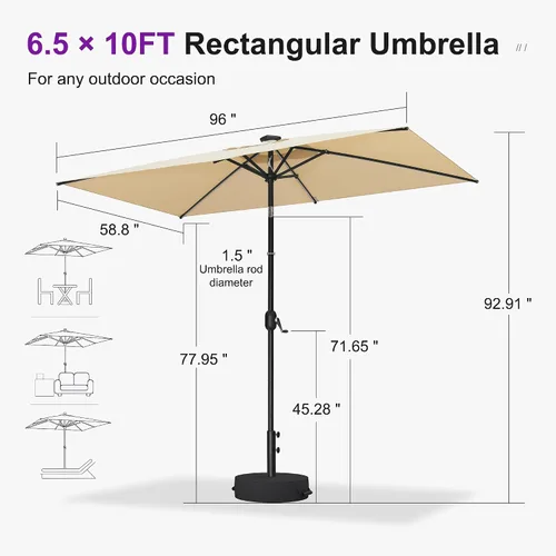 Vista 8 de PURPLE LEAF Sombrilla LED para patio y piscina, 5 x 8 pies, con base para Beige