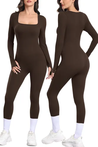 Vista 2 de Vigorics Overol de yoga de manga larga para mujer, con control de abdomen, acanalado, cuello cuadrado, bodycon