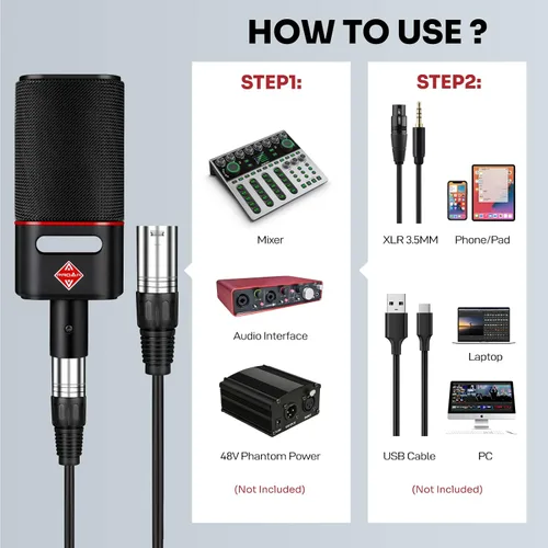 Vista 6 de Micrófono condensador PROAR XLR con diafragma de 0.984 in para voces y grabación Large diaphragm professional metal studio mic for PC recording