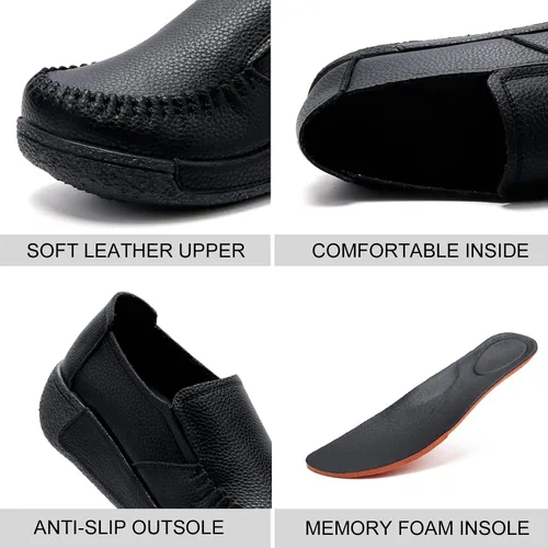 Vista 2 de UZB Mocasines de cuero sin cordones para mujer, cómodos zapatos de plataforma casuales