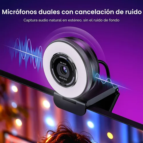 Vista 6 de NexiGo Cámara web N680E Pro 4K con luz de anillo, enfoque automático PDAF, 1080p 60FPS, micrófonos con doble cancelación de ruido, obturador