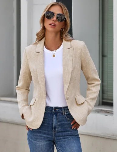 Vista 4 de luvamia Blazers de tweed para mujer, chaqueta casual de negocios, chaqueta elegante, trajes de trabajo, oficina, trajes profesionales de manga larga