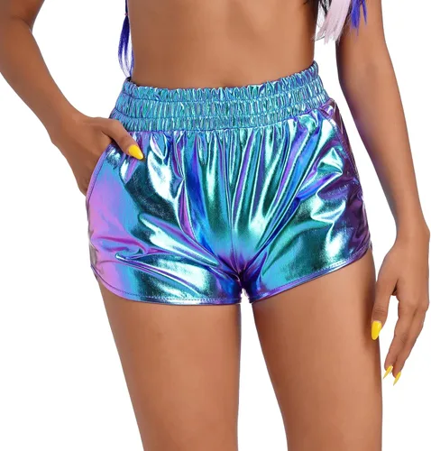 Vista 3 de Pantalones cortos metálicos para mujer con gafas, festival de música, baile, Halloween, disfraz de alienígena, cosplay, pantalones de cintura alta