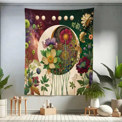 Vista 89 de Ambesonne Tapiz verde, fases lunares alrededor de un árbol de la vida, impresión de diseño bohemio de astrología nocturna, decoración de tela