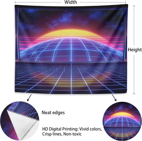 Vista 6 de Zpryzmia Blacklight Retro Synthwave Tapestry, Neon Starry Sunset Tapestry Glow In the Dark Wall Hanging, UV Reactive Geometric Grid Tapestries Room