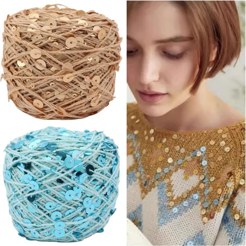 Vista 5 de Hilo de algodón de lentejuelas brillantes de 153 yardas, hilo brillante de ganchillo para diadema, gorro, tejer, suéter, tejido, puntada de Beige
