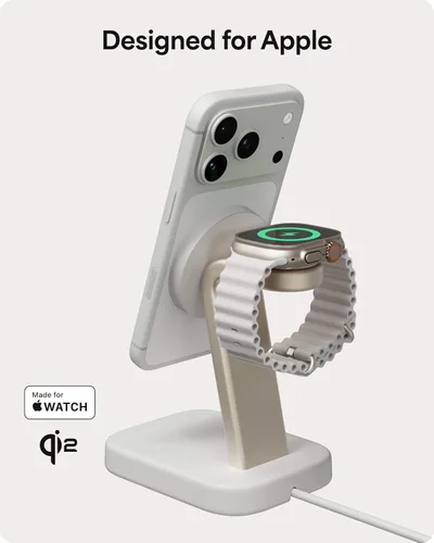 Vista 8 de Mophie Soporte de carga inalámbrico 2 en 1, certificado Qi2, cargador MagSafe para iPhone y Apple Watch, estación de carga rápida con soporte