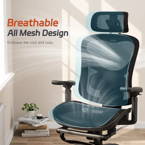 Vista 8 de Ergonomic Home Mesh Chair with Footrest, Lumbar Height Adjustment & 215° Rotate Armrests, Recline Lock 90°–120°, High-Back Big and Tall Computer