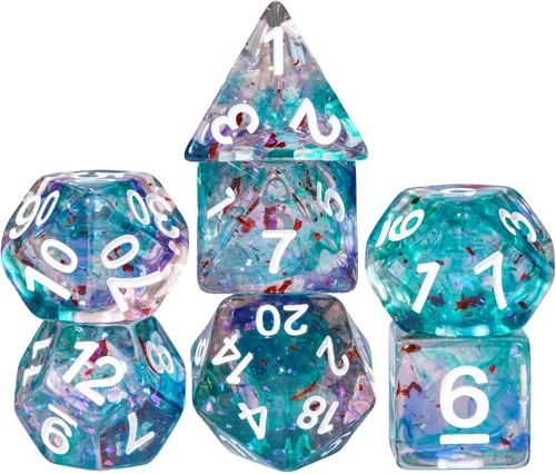 Vista 38 de Juego de dados de resina para DND, juego de 7 dados poliédricos negros D&D rellenos con papel de colores brillantes para juegos de rol