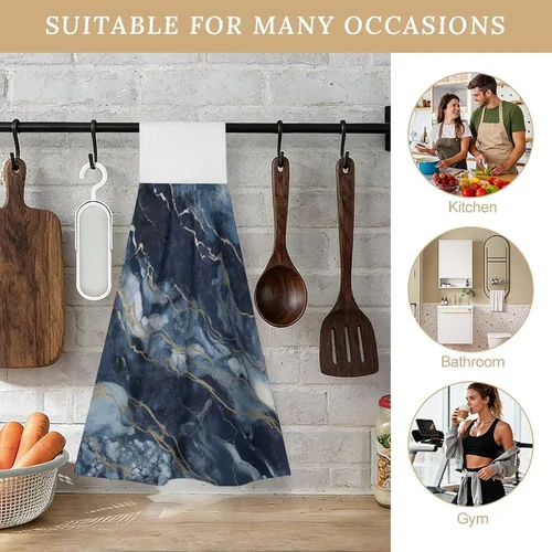Vista 4 de Marble Navy Blue Mixed Hand Towels Set of 2, Absorbent Hanging Kitchen Towels Microfiber Fast Drying Dish Towel Wash Cloth for Home Decor
