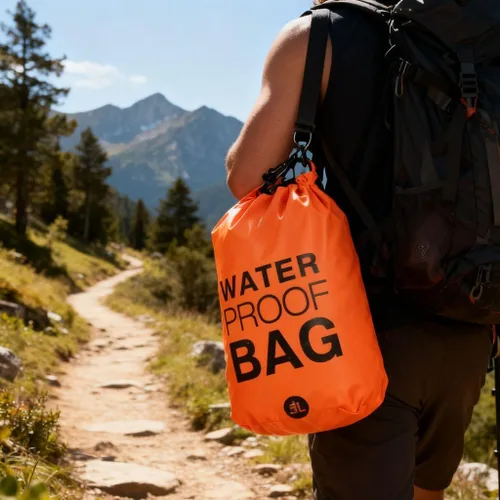 Vista 5 de Bolsa seca impermeable de 5L - Paquete sumergible naranja para kayak, natación y playa