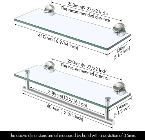 Vista 2 de KES Estantes de vidrio para baño, estante de baño flotante de vidrio de 16 pulgadas con barra, paquete de 2 unidades de montaje en pared SUS 304