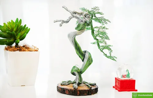 Vista 2 de GREENHANDSHAKE Bonsái Escultura de árbol de alambre de cobre, esculturas de árbol modernas, el mejor regalo, artesanía, decoración del hogar, Verde