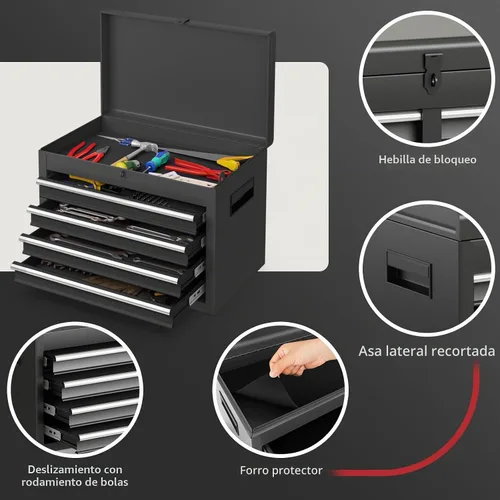 Vista 8 de Goplus Baúl de herramientas, gabinete de almacenamiento de herramientas con 5 cajones y ruedas, con parte superior desmontable, caja