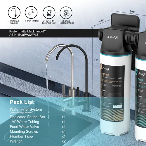 Vista 5 de Frizzlife DW10F - Sistema de filtro de agua para debajo del fregadero con grifo de níquel cepillado, elementos certificados NSF/ANSI 53 y 42, reduce