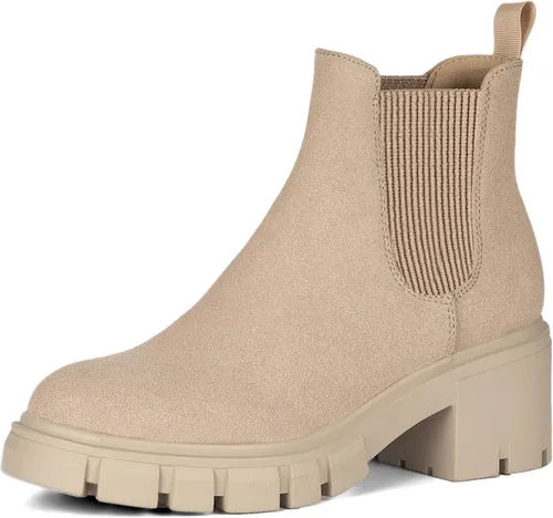 Vista 2 de Rihero Botines Chelsea para mujer, de moda, sin cordones, suela de lengüeta, tacón grueso