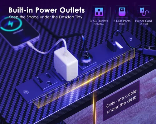 Vista 6 de ODK Escritorio para juegos de 40 pulgadas con tomas de alimentación USB y luces LED, escritorio reversible en forma de L con estantes