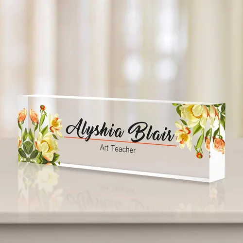 Vista 66 de Placa de identificación personalizada para escritorio, decoración de oficina de acrílico transparente con diseño de flores, decoraciones